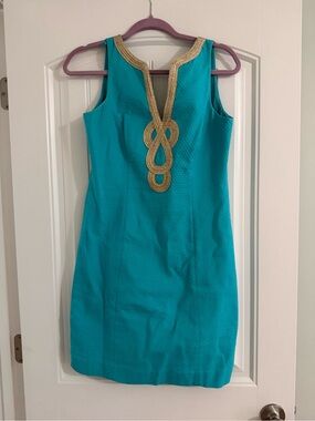 Lilly Pulitzer Turquoise Mini Dress with Gold Embellished Placket